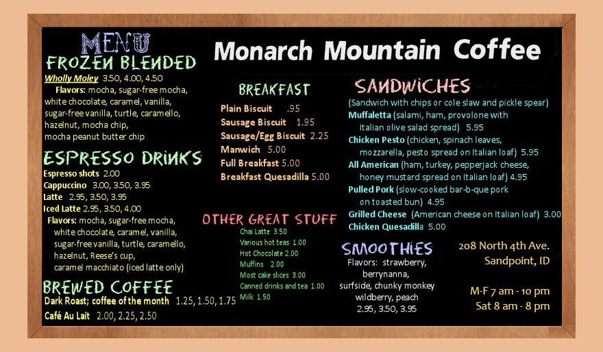 Monarch Mountain Menu